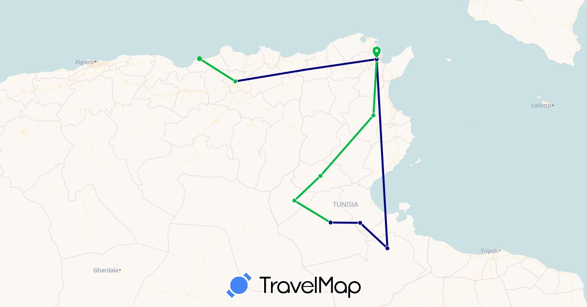 TravelMap itinerary: driving, bus in Algeria, Tunisia (Africa)